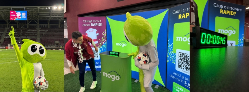 Activarea Mogo la meciul Rapid București, cu suporteri, mascota Mogo și momente de la standul din Giulești.